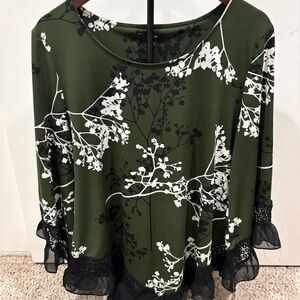 Alfani Green Floral Blouse with Black Lace Trim